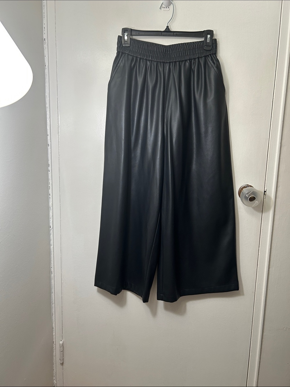 Black Faux Leather Wide-Leg Pull-On Pants